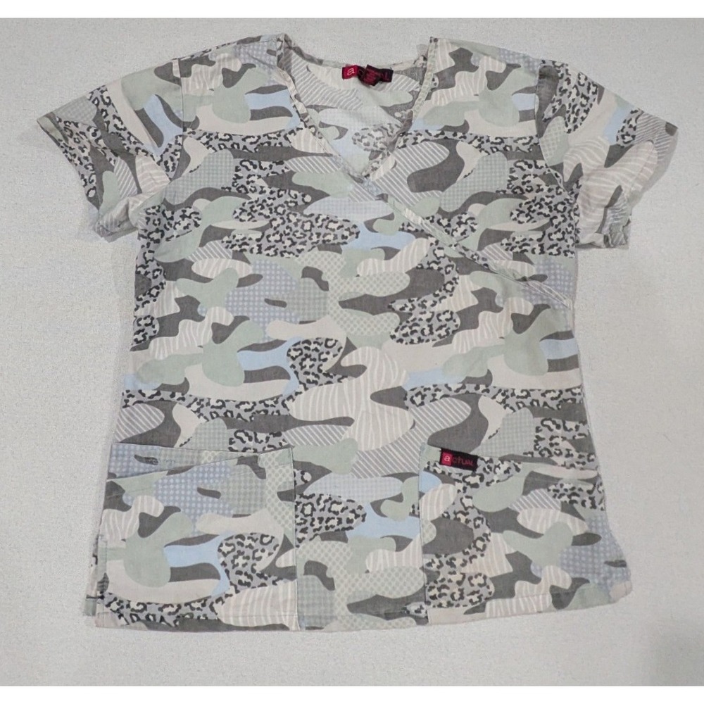 Actual Scrub Top Women Small Grey Camo Leopard Mock Wrap V-Neck Back Tie Medical